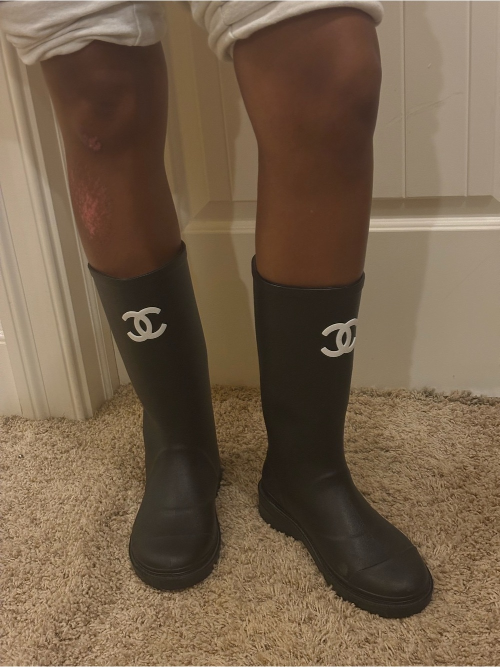 CHANEL Black Knee-High Rain Boots with White Logo - Picture 1 of 5
